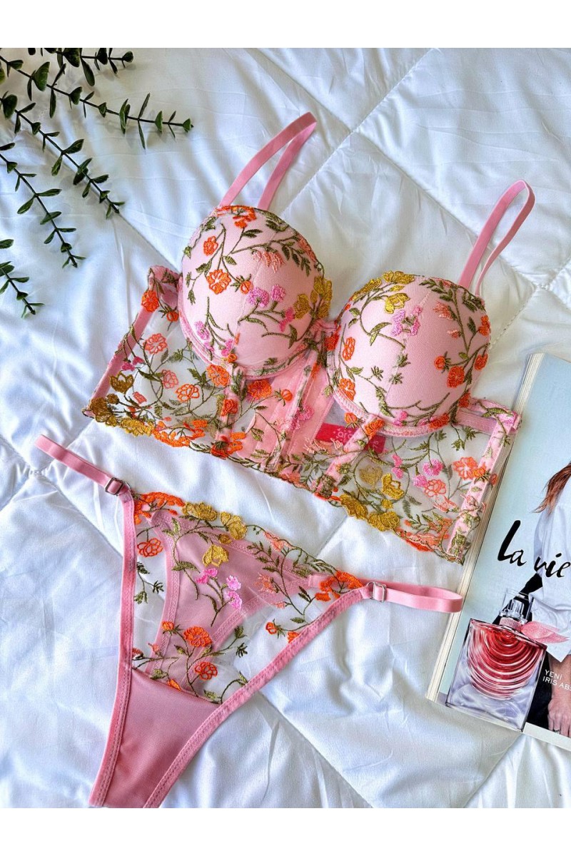 Arias Closet Özel Tasarım Pembe Dantel İşlemeli Çiçek Desenli Destekli Bralet Takımı