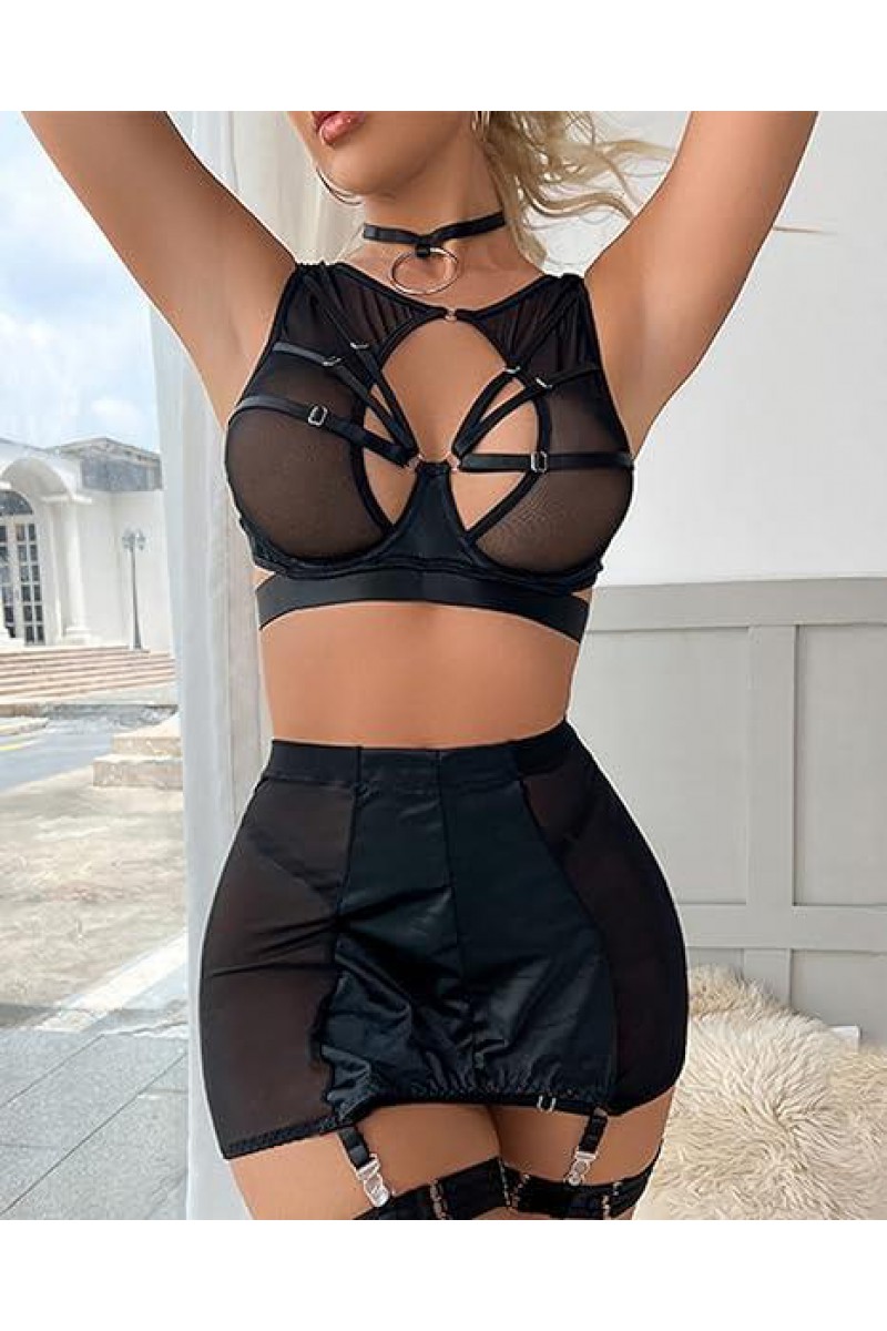Arias Closet Özel Tasarım Seksi Etekli Siyah Fantezi Jartiyer Takımı