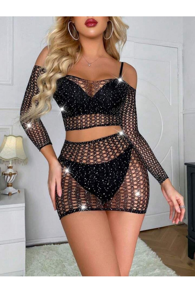 Arias Closet Özel Tasarım Siyah Taşlı Fantezi Vücut Çorabı
