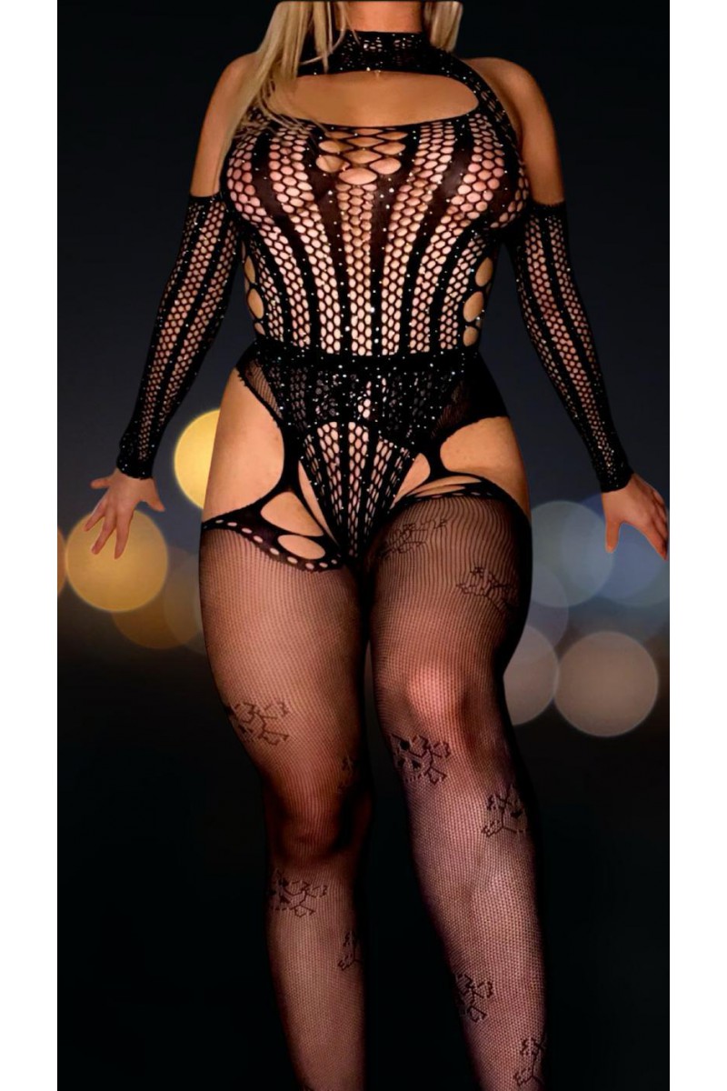 Arias Closet Özel Tasarım Siyah Taşlı Fantezi Jartiyerli Vücut Çorabı