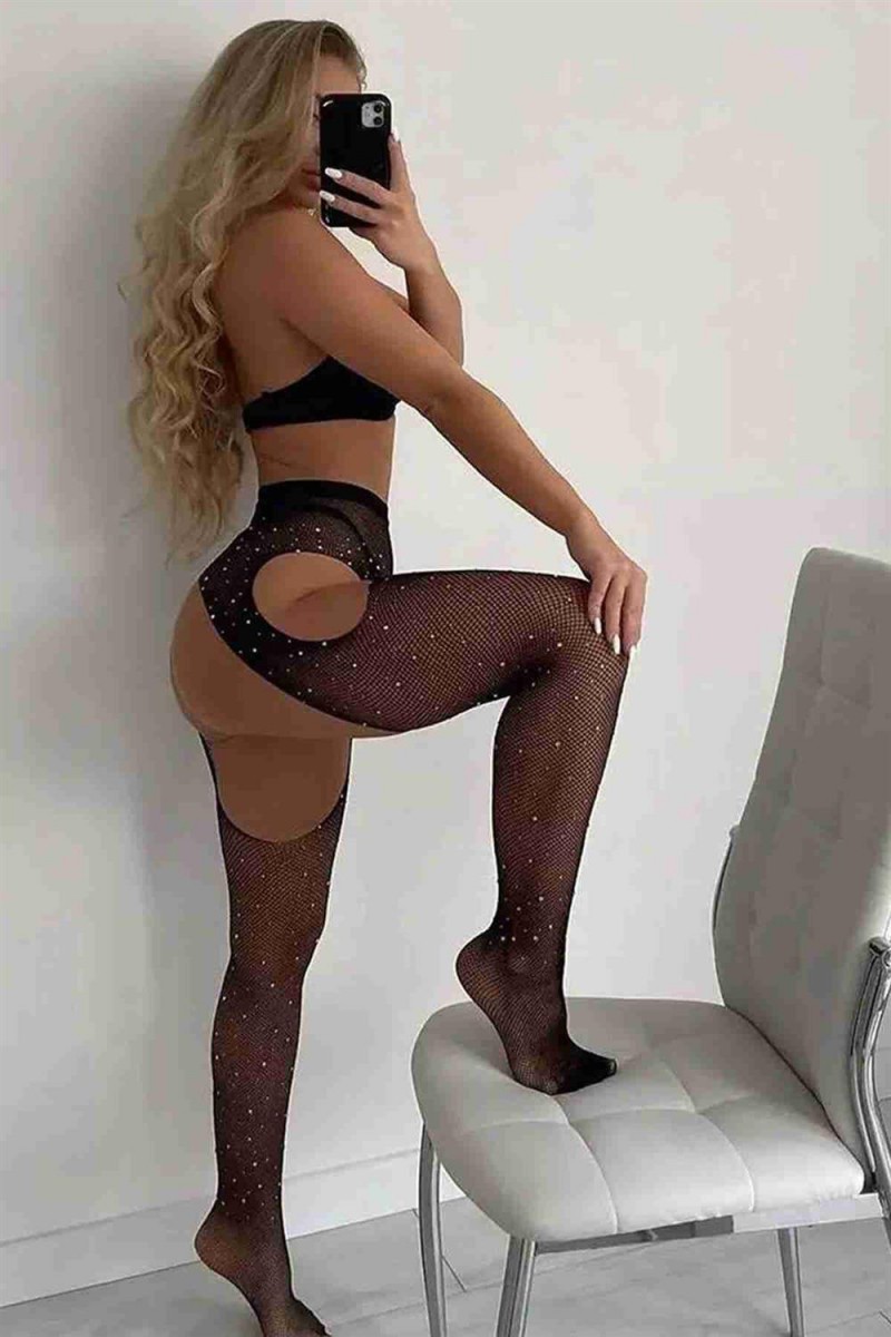 Arias Closet Özel Tasarım Siyah Taşlı Fantezi Vücut Çorabı