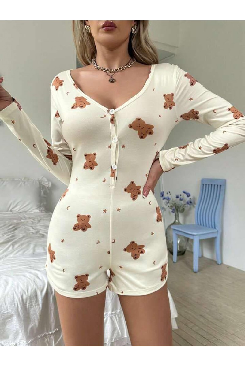 Pamuklu Ekru Ayıcık Desenli Düğmeli Tulum Pijama Pamuklu Ekru Ayıcık Desenli Düğmeli Tulum Pijama