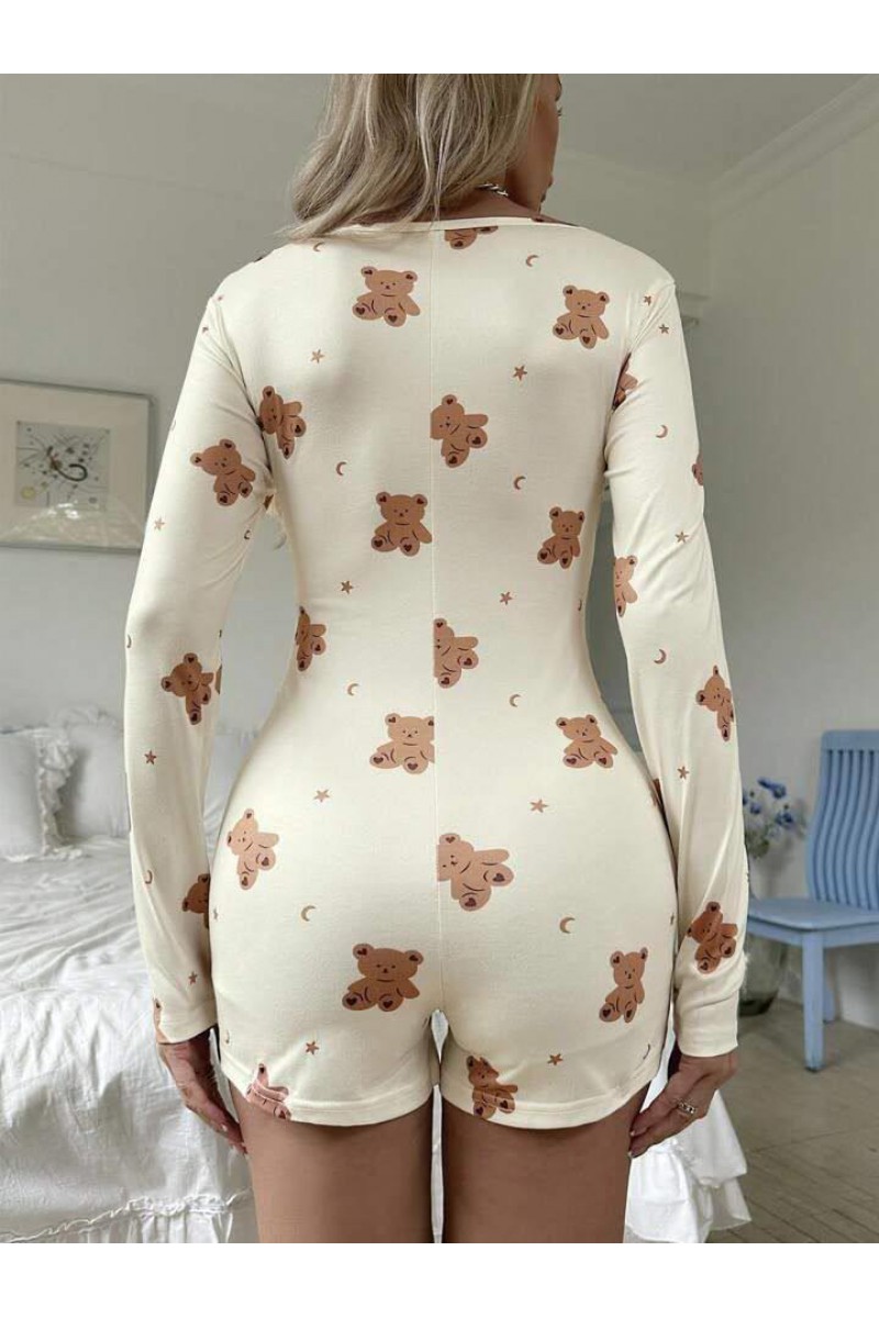 Pamuklu Ekru Ayıcık Desenli Düğmeli Tulum Pijama Pamuklu Ekru Ayıcık Desenli Düğmeli Tulum Pijama