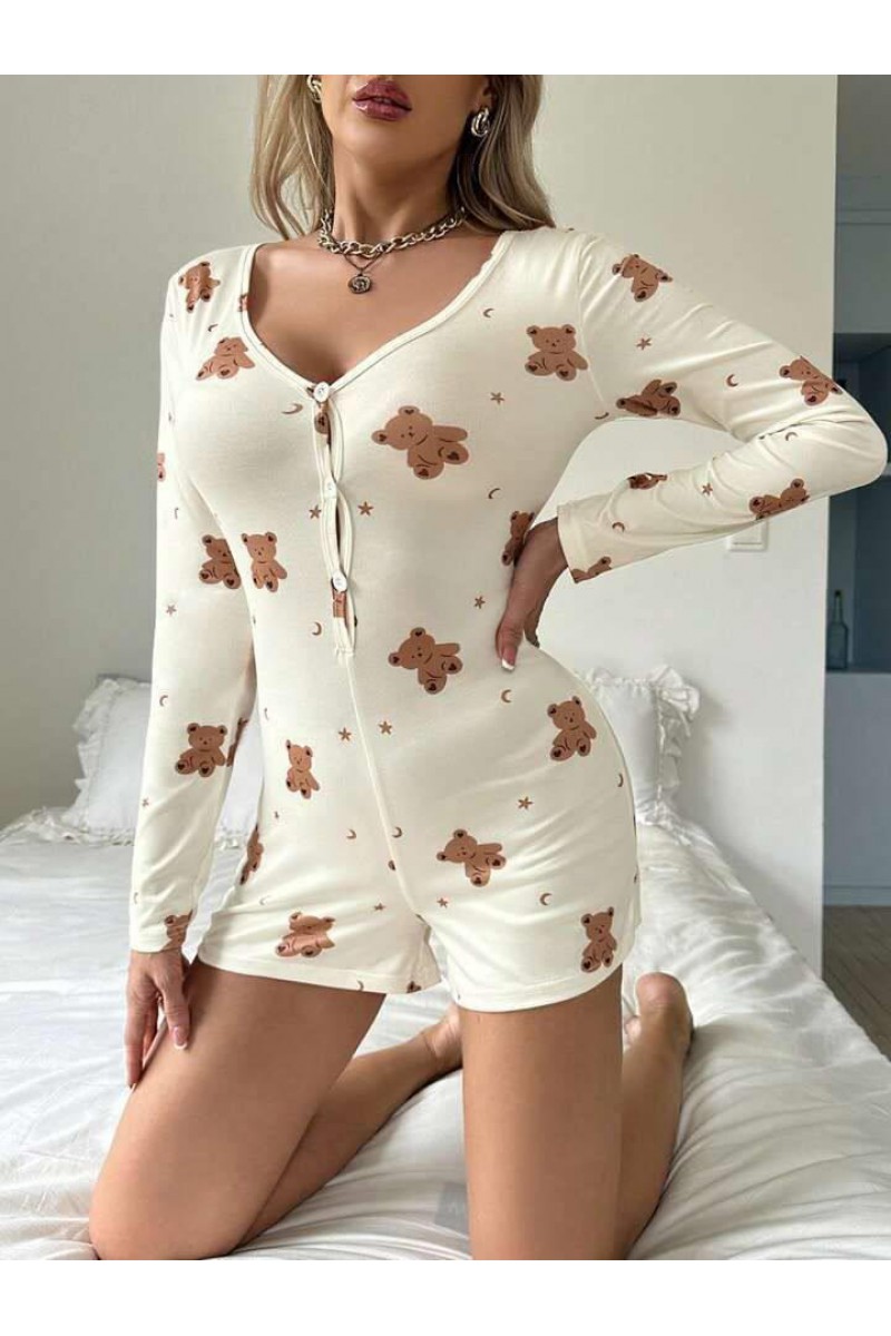 Pamuklu Ekru Ayıcık Desenli Düğmeli Tulum Pijama