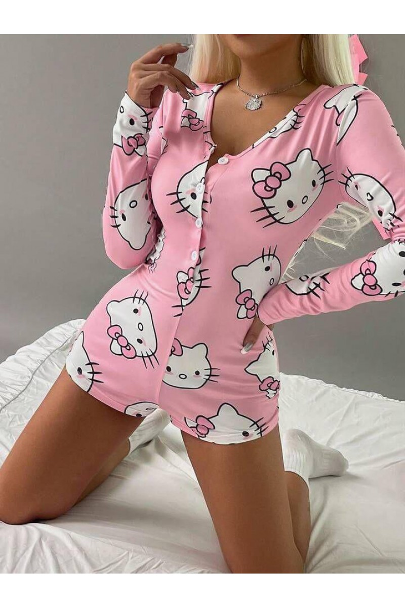 Arias Closet Pamuklu Pembe Hello Kitty Desenli Düğmeli Uzun Kol Tulum Pijama Arias Closet Pamuklu Pembe Hello Kitty Desenli Düğmeli Uzun Kol Tulum Pijama
