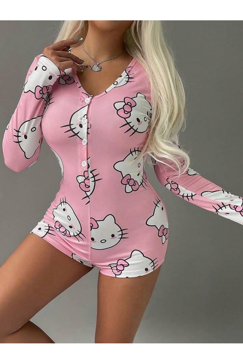 Arias Closet Pamuklu Pembe Hello Kitty Desenli Düğmeli Uzun Kol Tulum Pijama Arias Closet Pamuklu Pembe Hello Kitty Desenli Düğmeli Uzun Kol Tulum Pijama