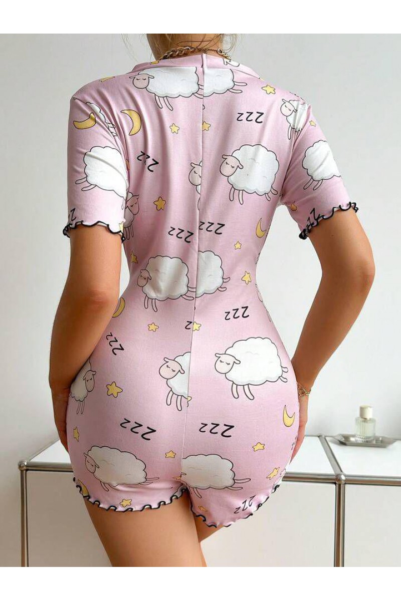 Arias Closet Pamuklu Pembe Kuzu Desenli Düğmeli Uzun Kol Tulum Pijama