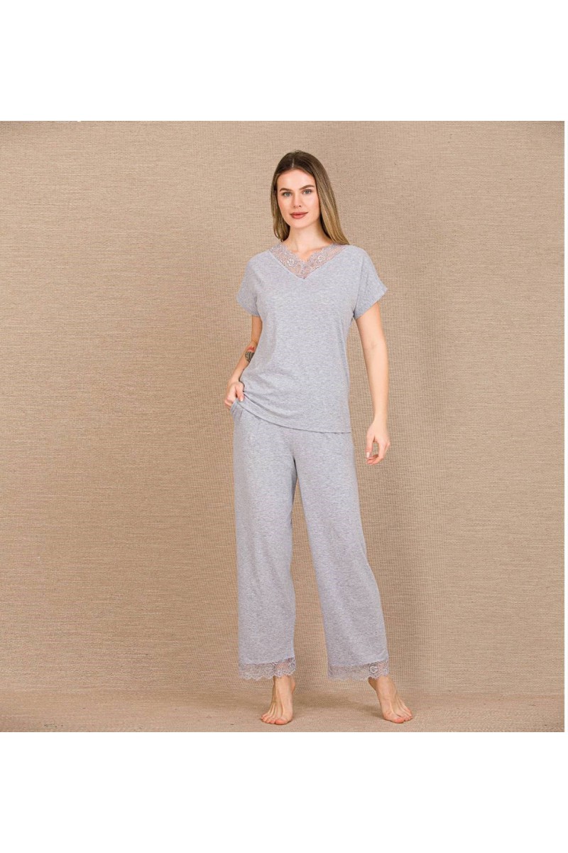 Viskon Şık Tasarım Dantel İşlemeli Gri Kısa Kol Pijama Takımı