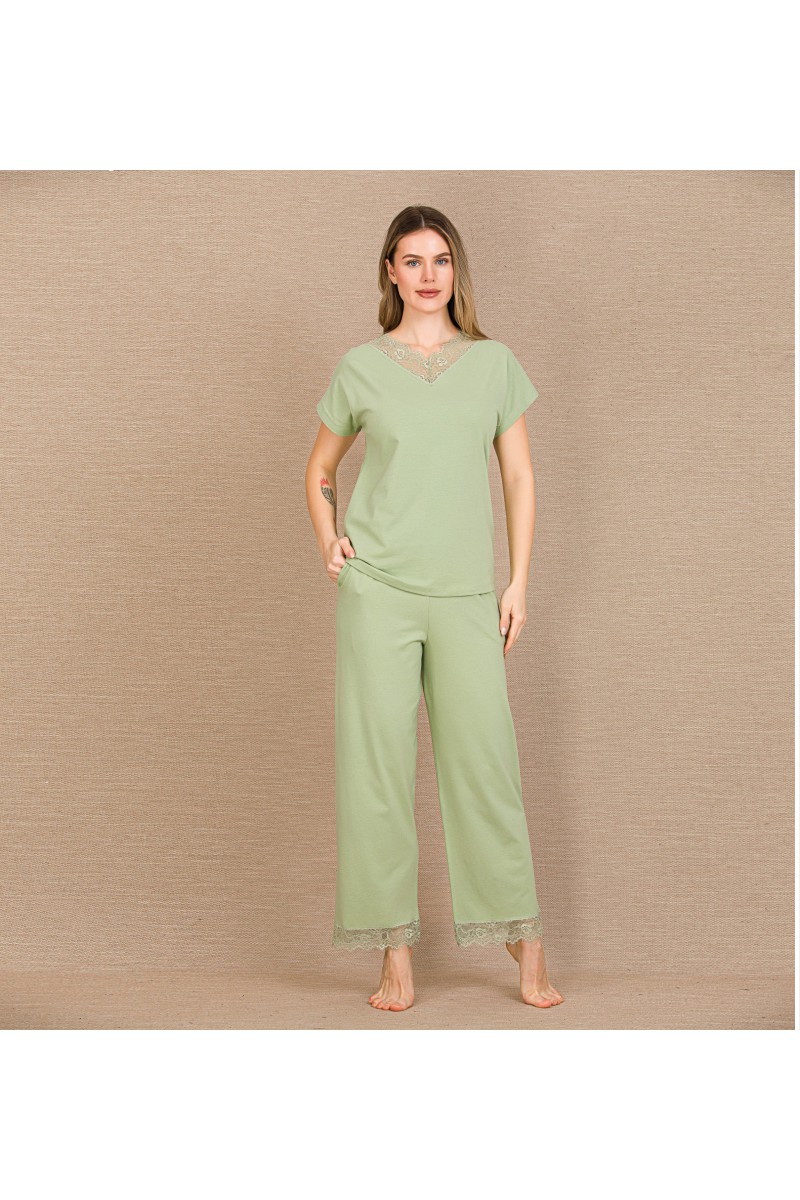 Pamuklu Şık Tasarım Dantel İşlemeli Yeşil Kısa Kol Pijama Takımı