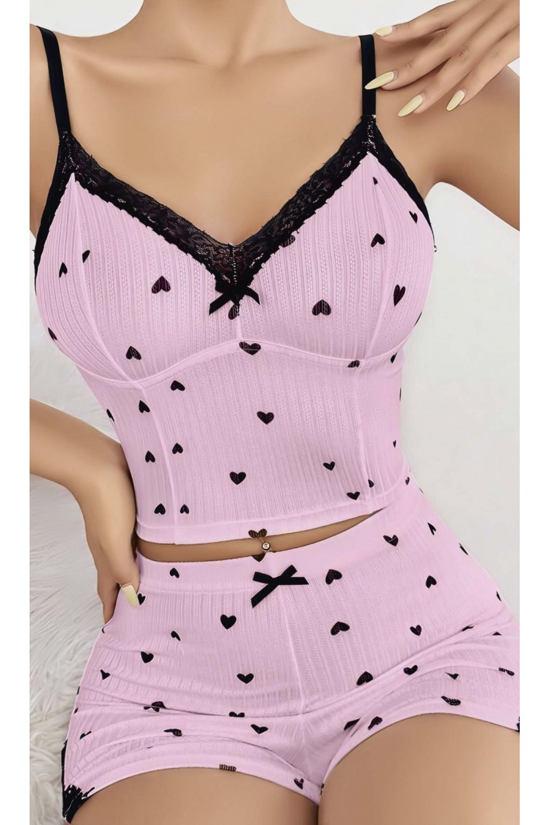 Arias Closet Pembe Kalp Desenli Askılı Şortlu Pijama Takım