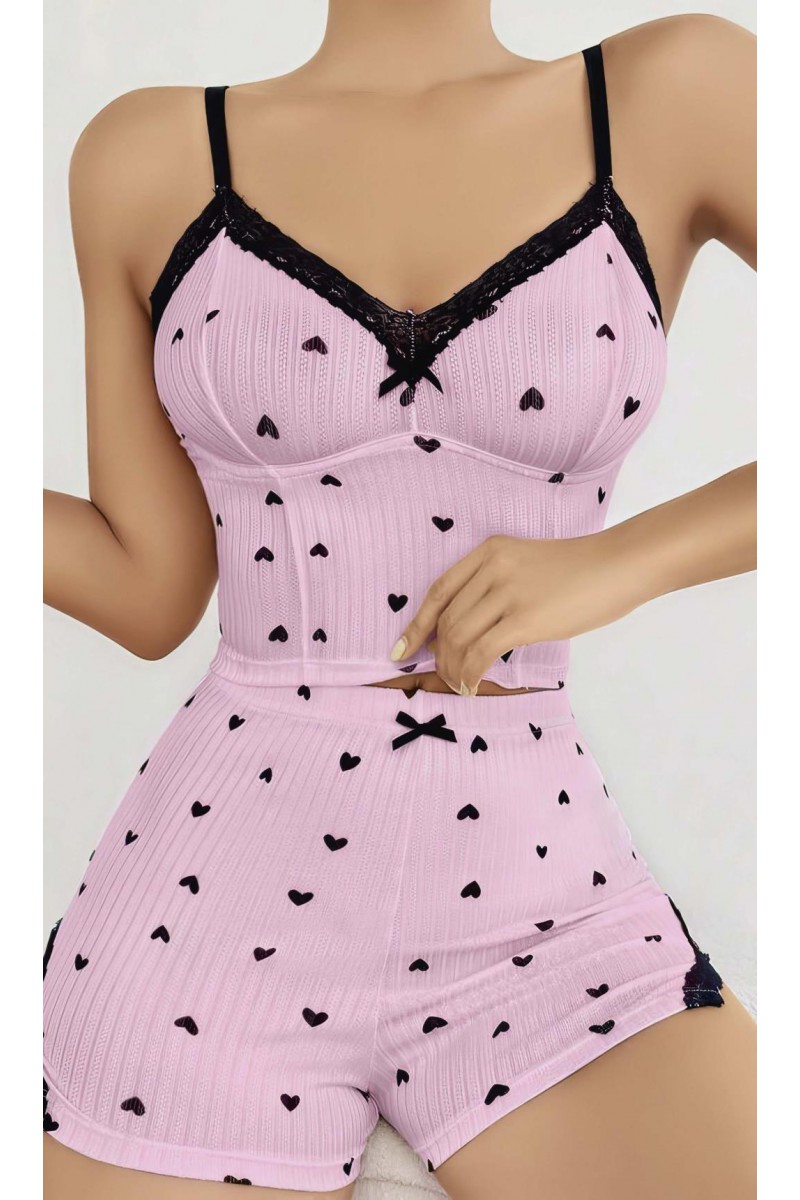 Arias Closet Pembe Kalp Desenli Askılı Şortlu Pijama Takım