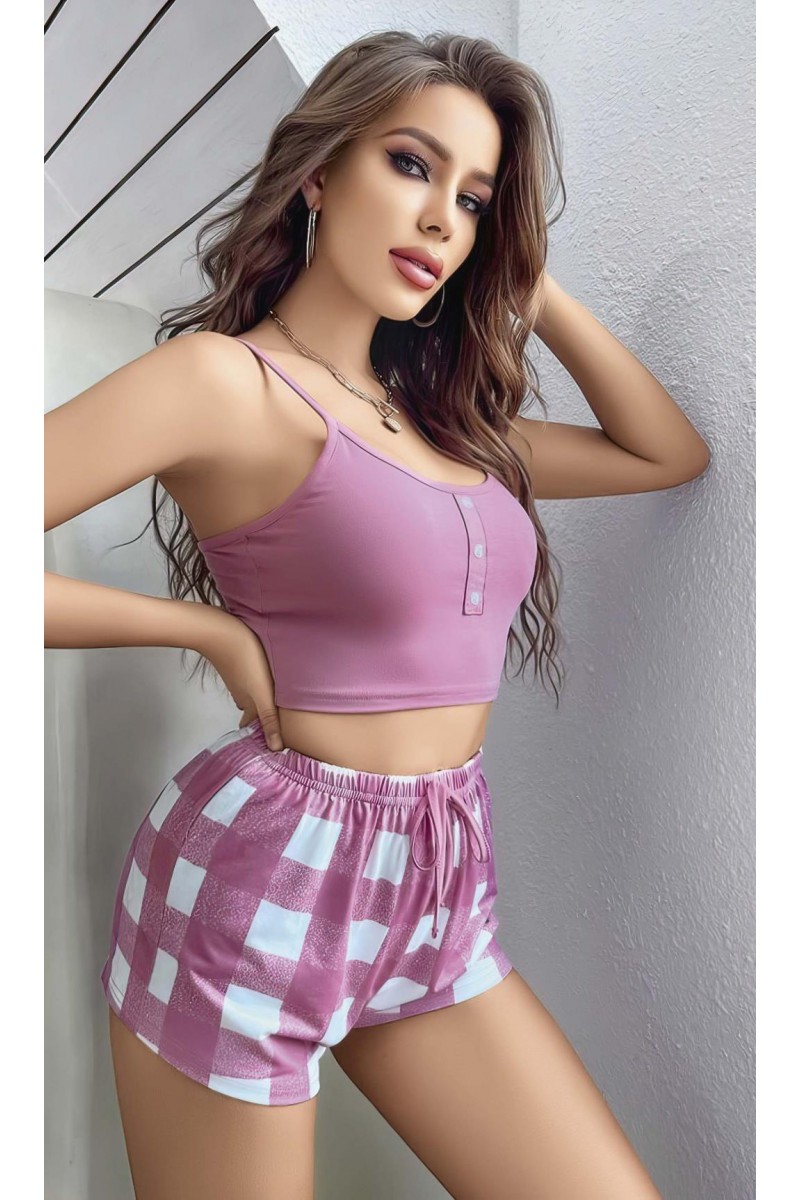 Arias Closet Pembe Kareli Desenli Askılı Şortlu Pijama Takım