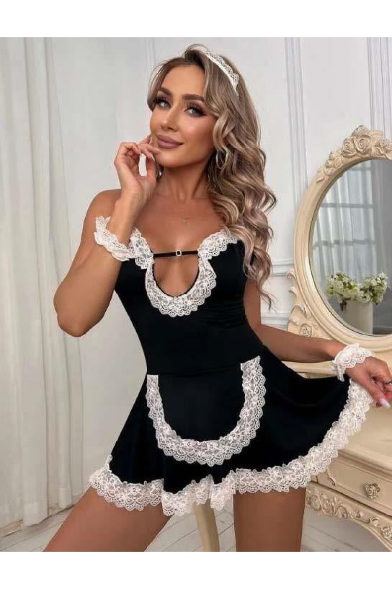 Arias Closet Siyah Beyaz Aksesuarlı Dantelli Fantezi Hizmetçi Kostümü