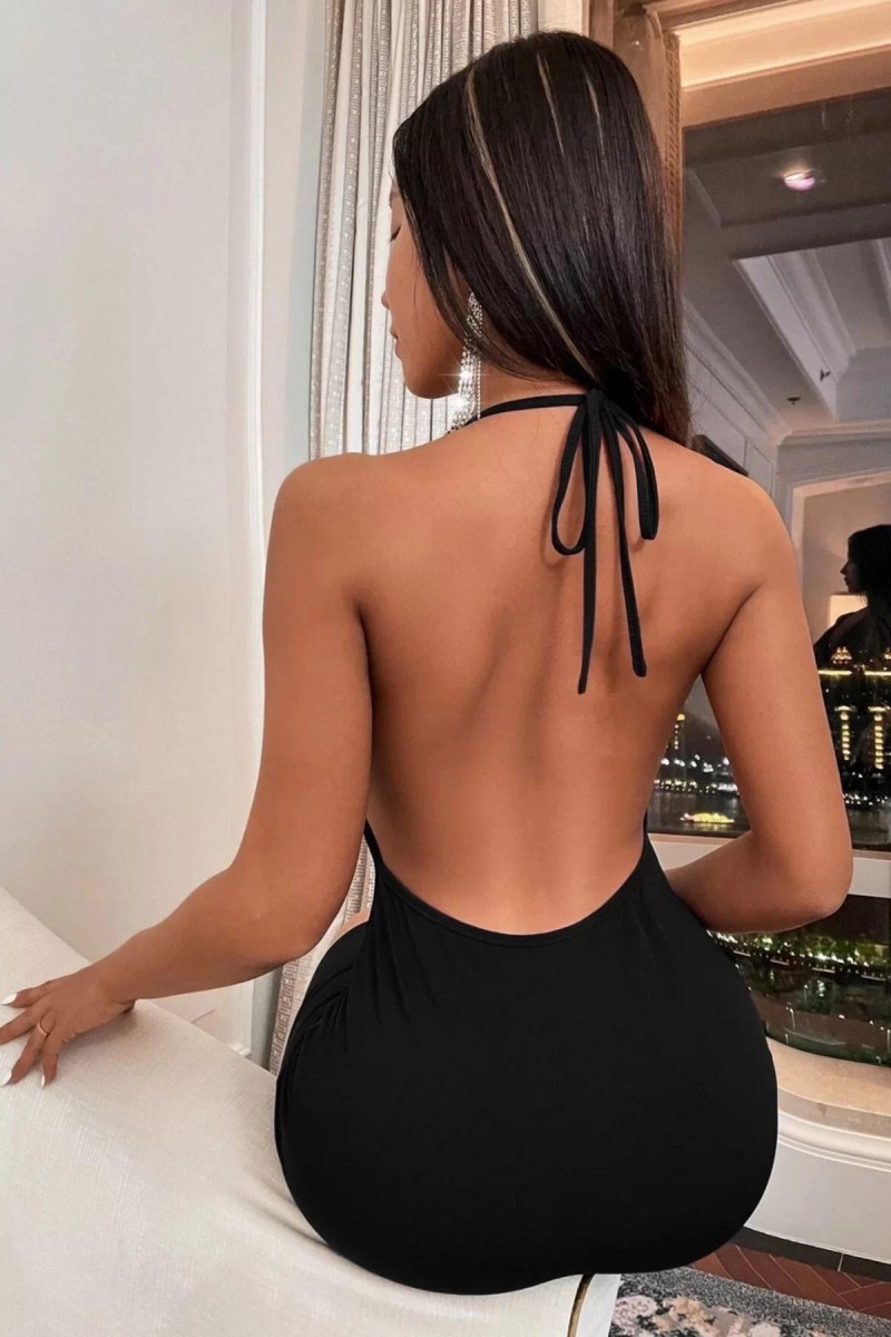 Arias Closet Siyah Boyundan Bağlamalı Sırt Dekolteli Mini Club Elbisesi