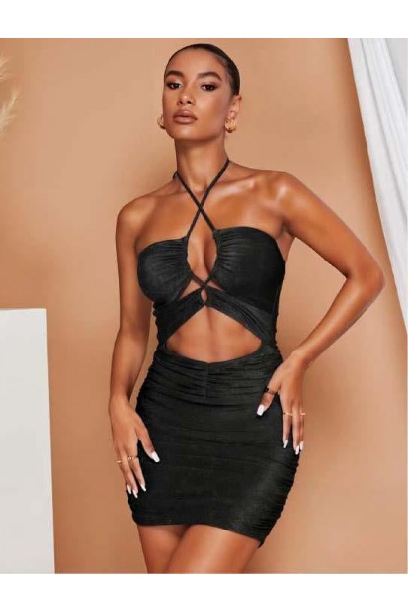 Arias Closet Siyah Simli Boyundan Bağlamalı Göğüs Dekolteli Mini Club Elbisesi