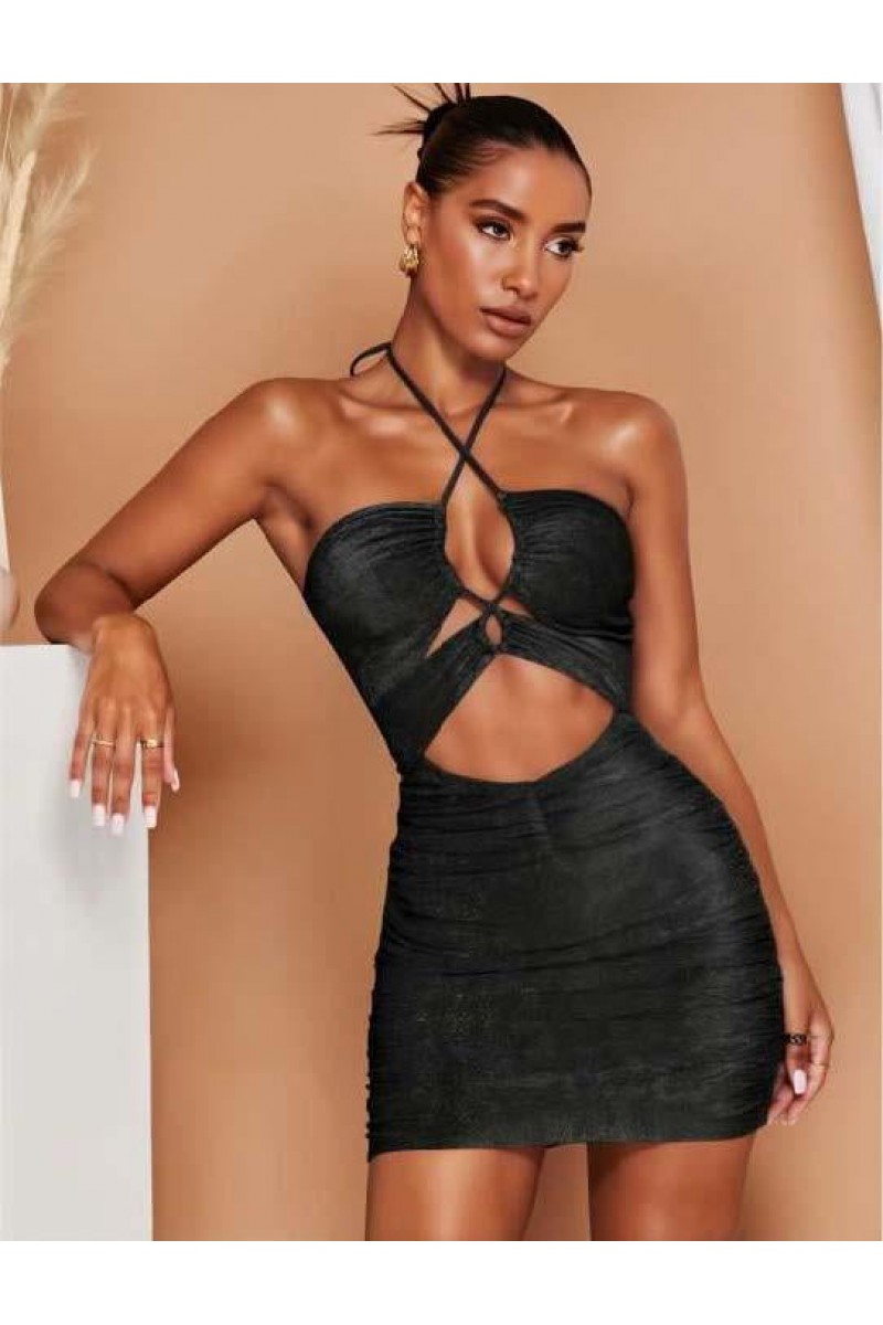 Arias Closet Siyah Simli Boyundan Bağlamalı Göğüs Dekolteli Mini Club Elbisesi