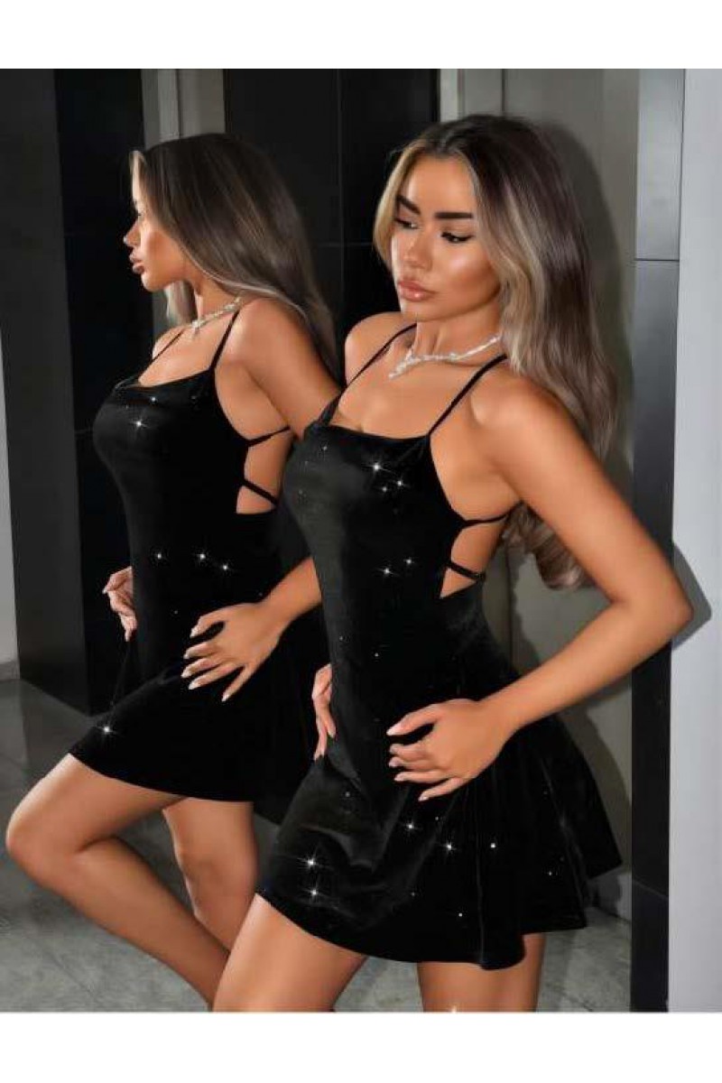 Arias Closet Siyah Sırt Dekolteli Simli Fantezi Mini Club Elbisesi