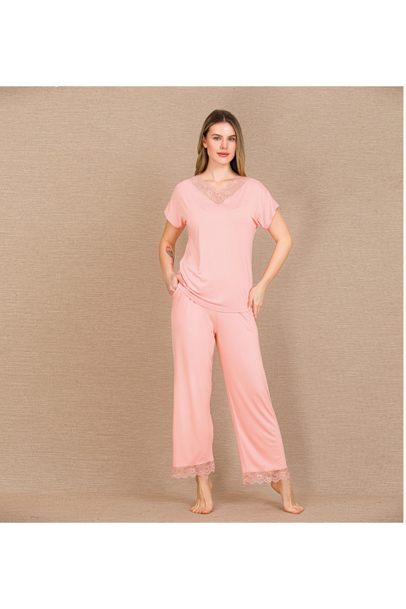 Viskon Şık Tasarım Dantel İşlemeli Açık Pembe Kısa Kol Pijama Takımı