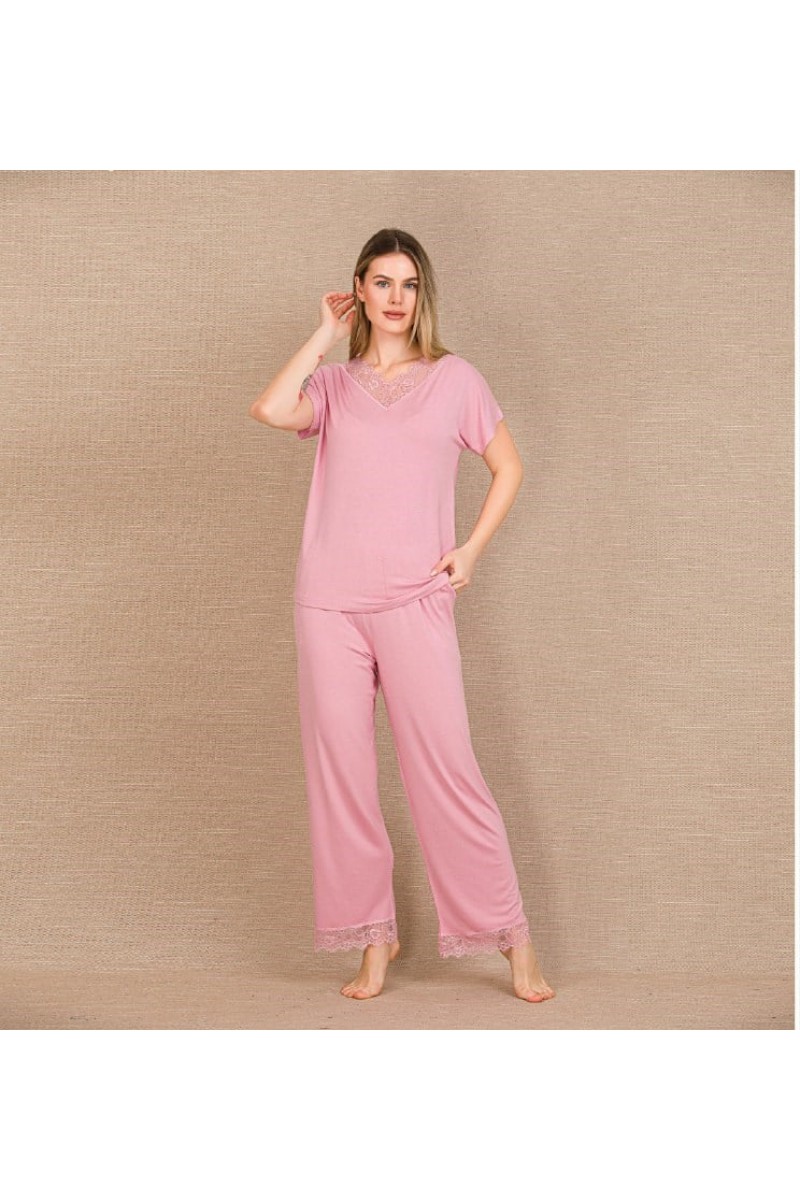 Viskon Şık Tasarım Dantel İşlemeli Pembe Kısa Kol Pijama Takımı Viskon Şık Tasarım Dantel İşlemeli Pembe Kısa Kol Pijama Takımı