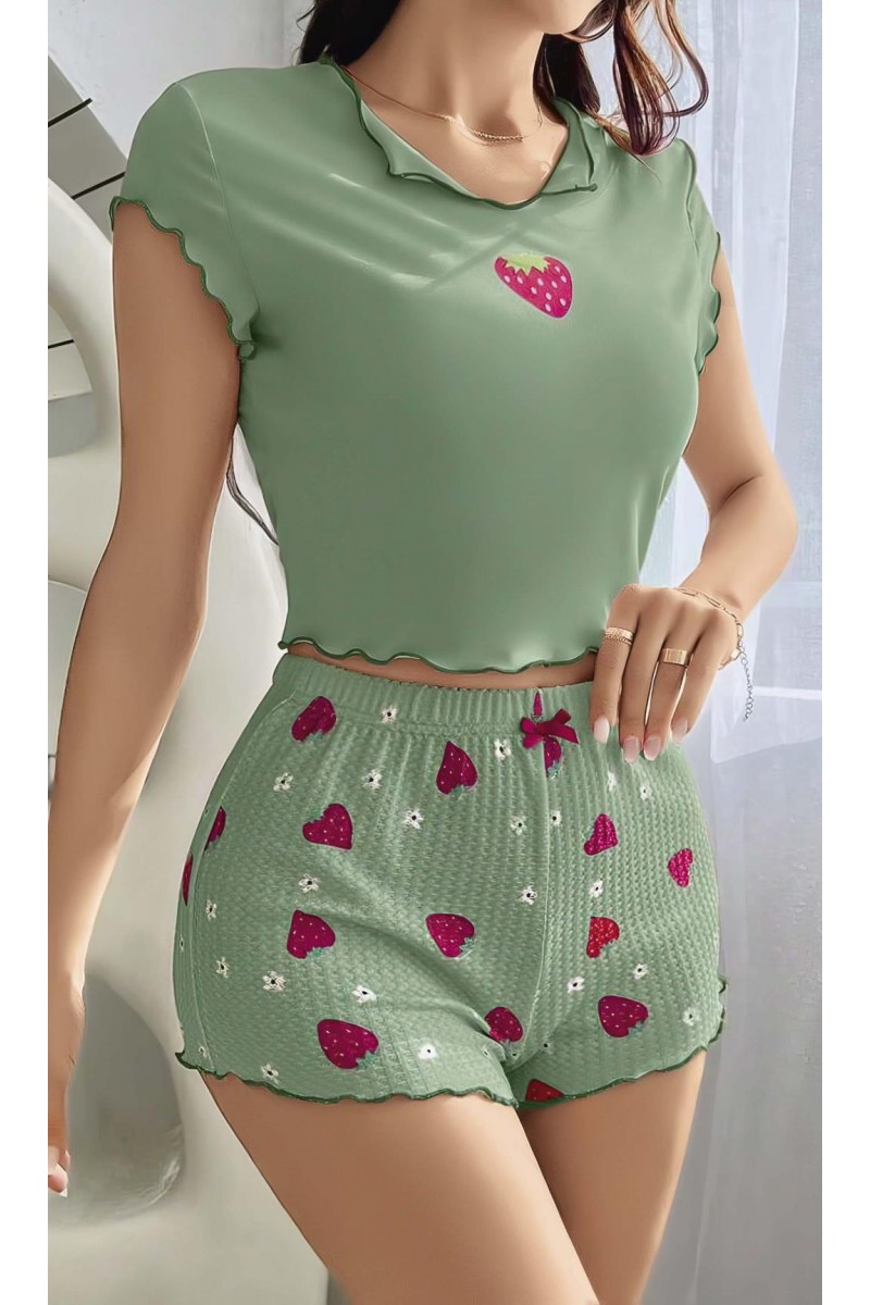 Arias Closet Yeşil Çilek Desenli Askılı Şortlu Pijama Takım