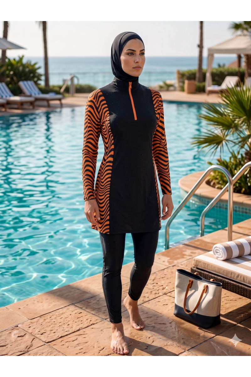 Arias Closet Zebra Desenli Fermuarlı Tam Kapalı 3 Parça Spor Likralı Tesettür Mayo Takımı Arias Closet Zebra Desenli Fermuarlı Tam Kapalı 3 Parça Spor Likralı Tesettür Mayo Takımı
