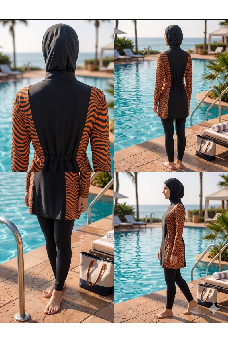 Arias Closet Zebra Desenli Fermuarlı Tam Kapalı 3 Parça Spor Likralı Tesettür Mayo Takımı Arias Closet Zebra Desenli Fermuarlı Tam Kapalı 3 Parça Spor Likralı Tesettür Mayo Takımı