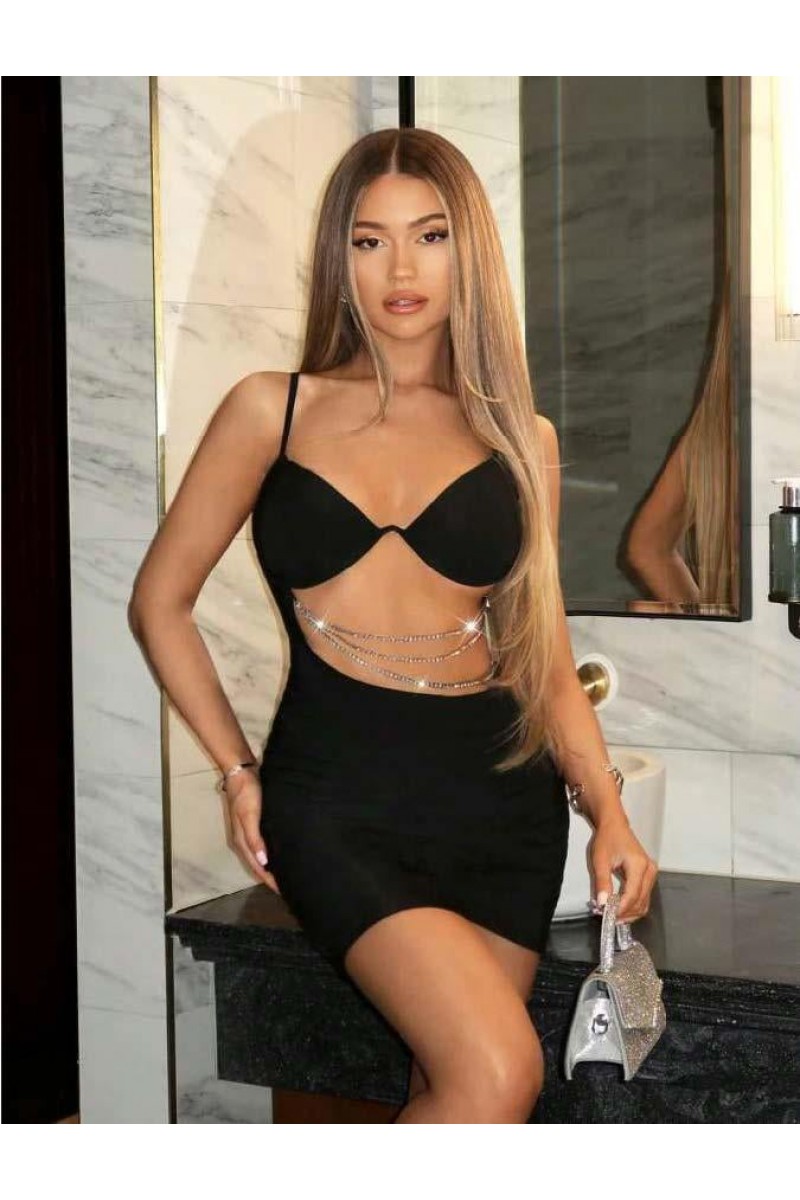 Arias Closet Zincir Detaylı Göğüs Dekolteli Siyah Mini Club Elbisesi