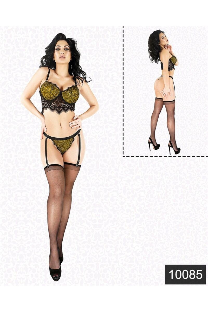 Arias Closet Fantazi Sarı Lamine Dantel Jartiyer Büstiyer Takım