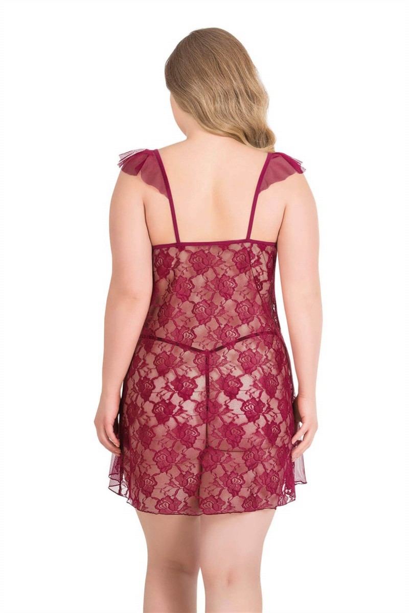 Arias Closet Büyük Beden Bordo Kısa Tül Gecelik