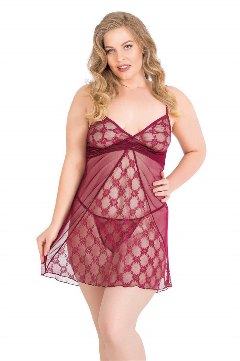 Arias Closet Büyük Beden Bordo Kısa Tül Gecelik