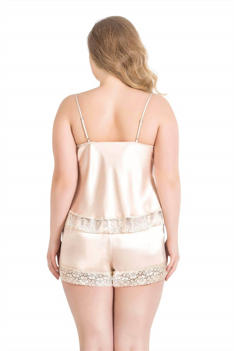 Arias Closet Büyük Beden Fildişi Saten Babydoll Şort Takımı