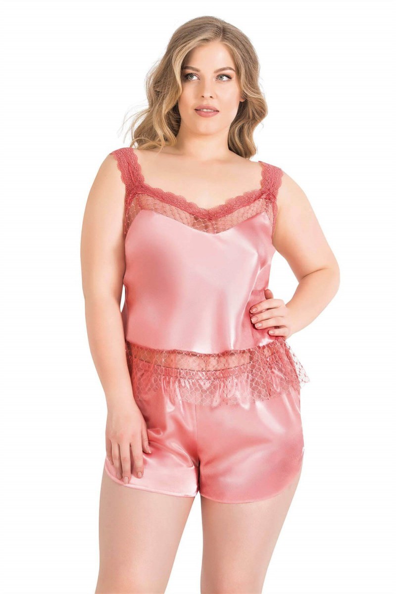 Arias Closet Büyük Beden Mercan Saten Babydoll Şort Takımı