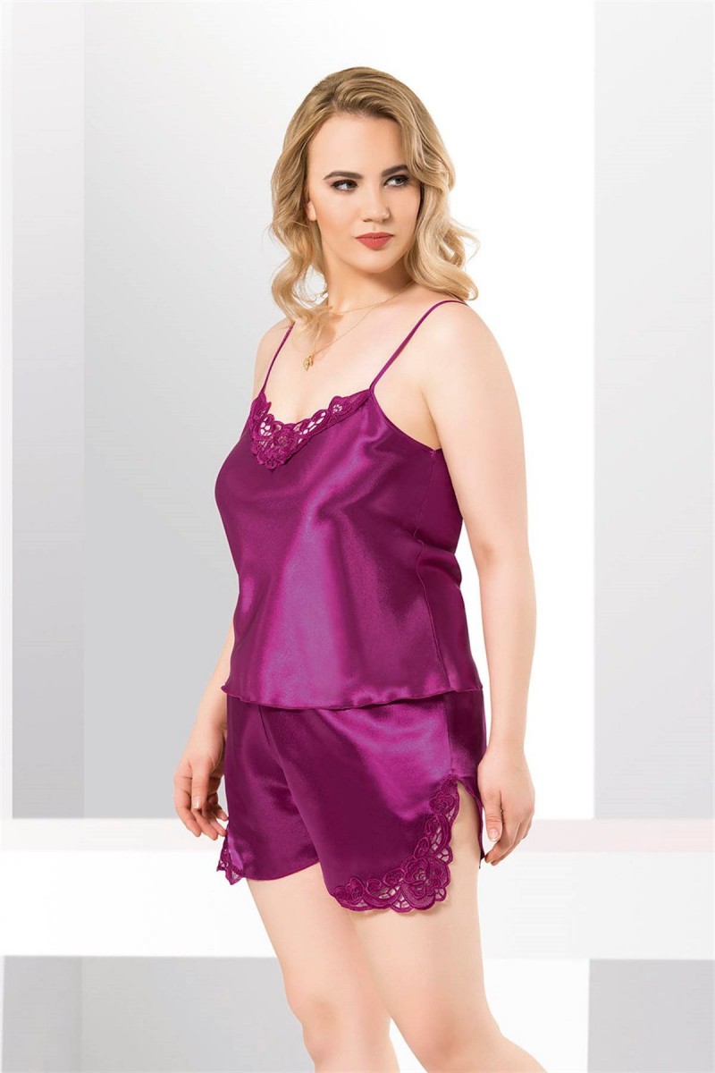 Arias Closet Büyük Beden Mor Saten Babydoll Şort Takımı