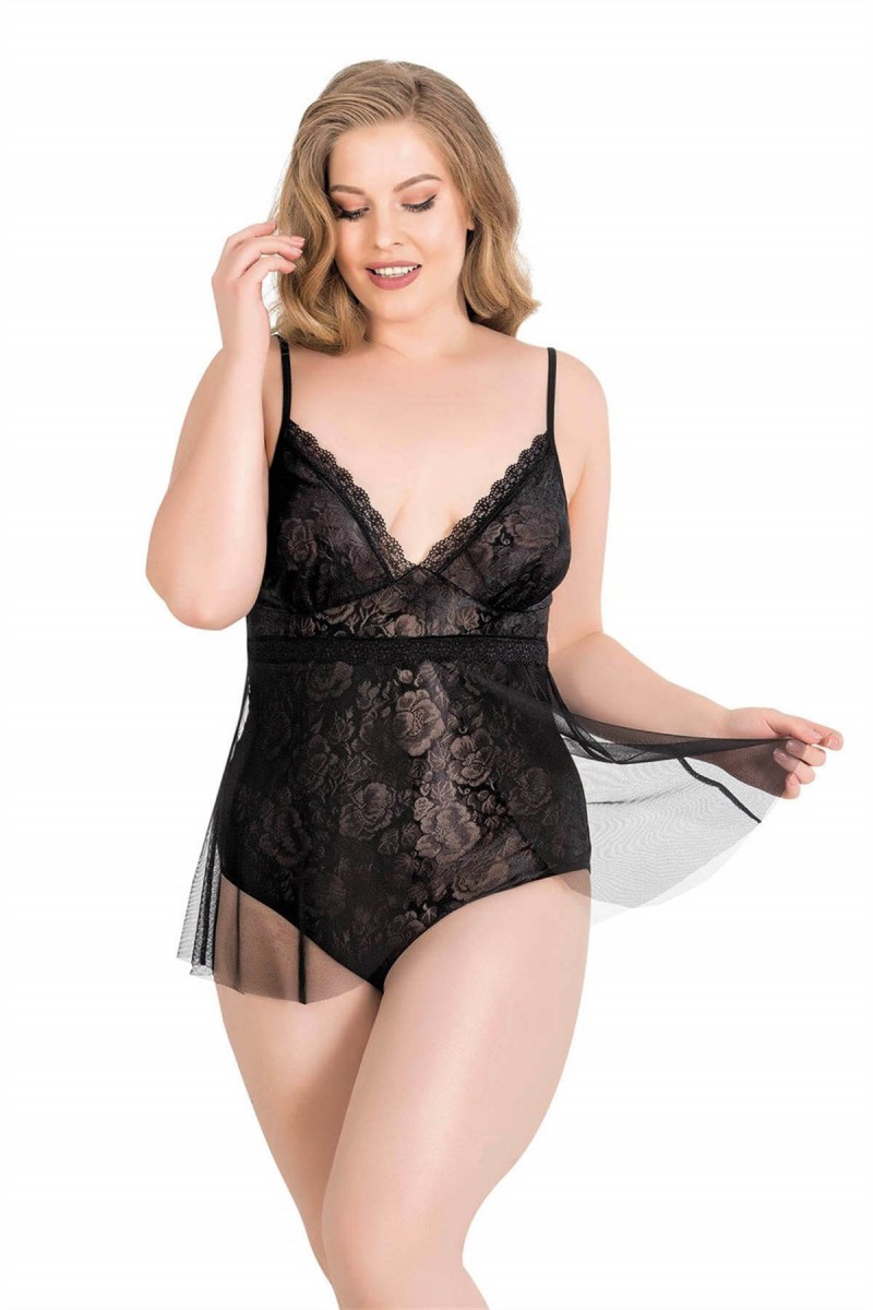 Arias Closet Büyük Beden Siyah Bodysuit Jakarlı Gecelik
