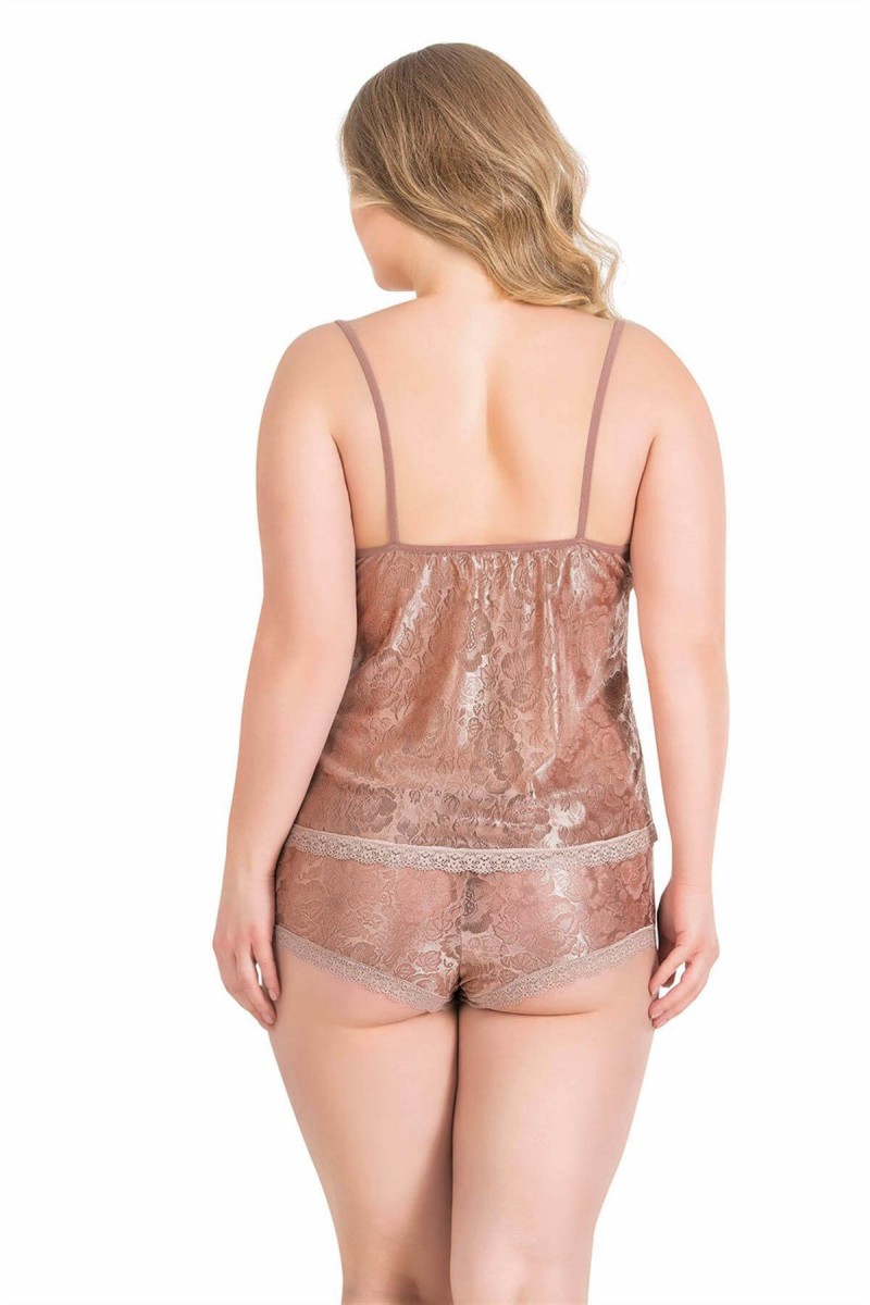 Arias Closet Büyük Beden Vizon Jakarlı Babydoll Şort Takımı
