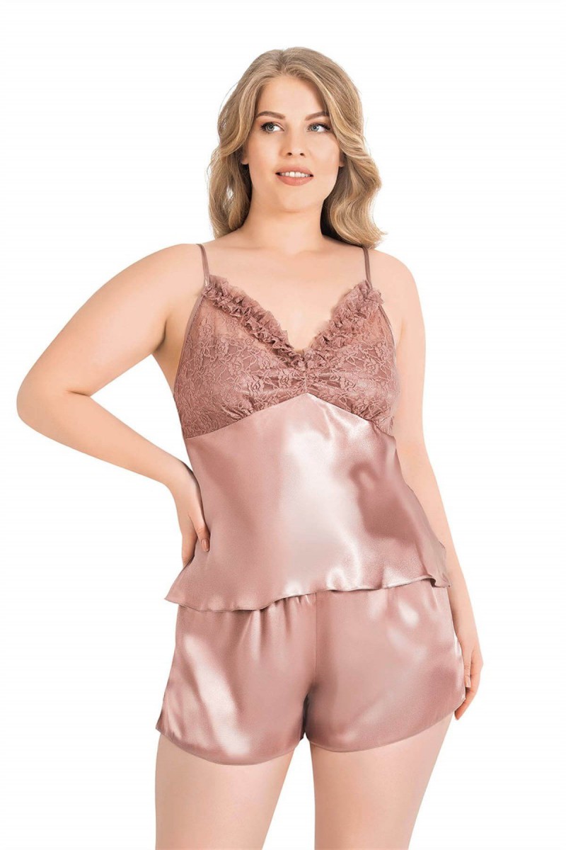 Arias Closet Büyük Beden Vizon Saten Babydoll Şort Takımı