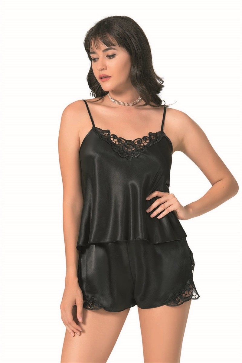 Arias Closet Siyah Saten Babydoll Şort Takımı