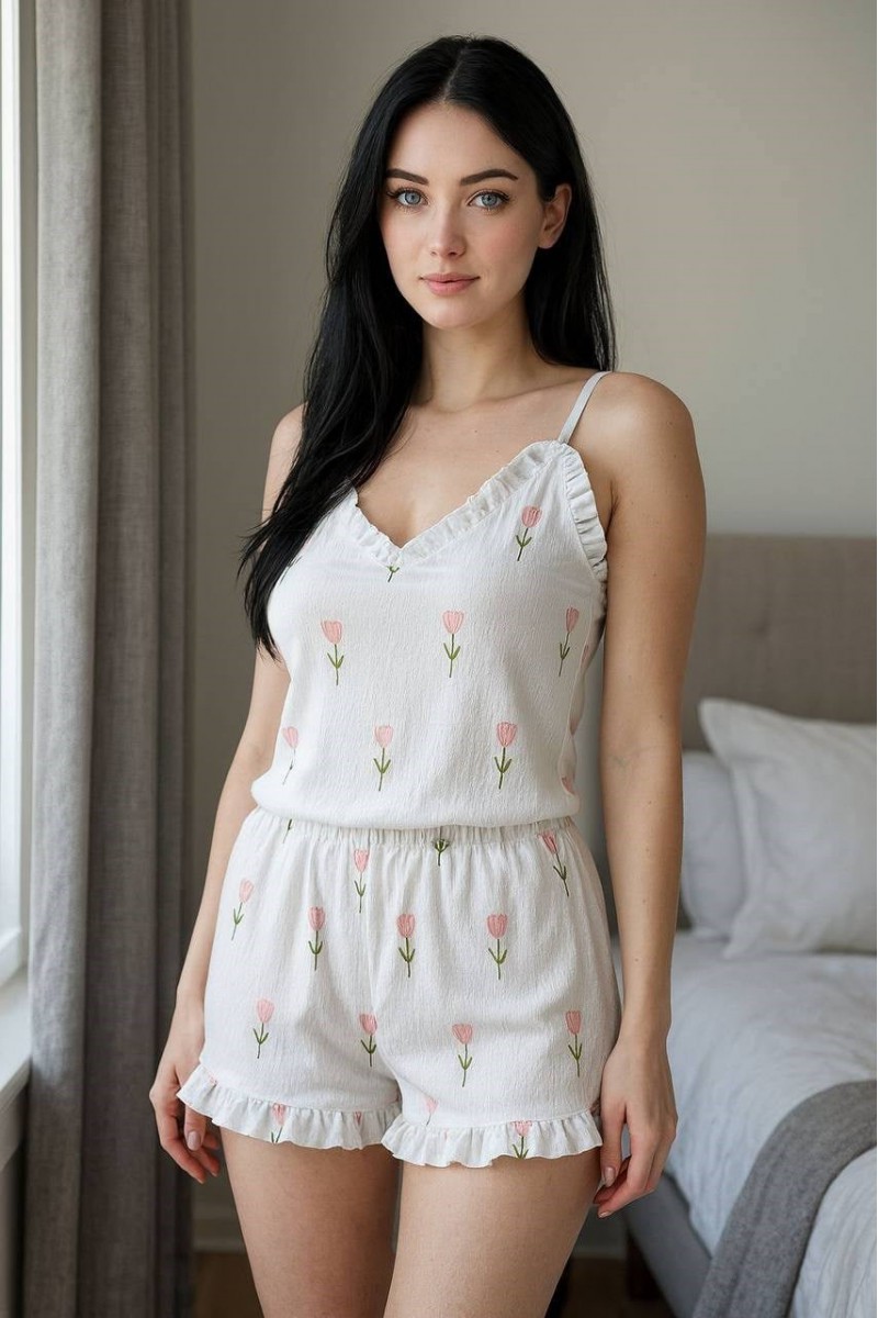 Şık Tasarım Beyaz Üstüne Çiçek Desenli Askılı Şortlu Pijama Takımı Şık Tasarım Beyaz Üstüne Çiçek Desenli Askılı Şortlu Pijama Takımı